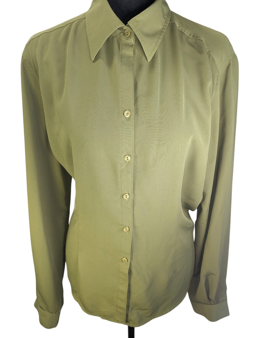 Vintage Olive Long-Sleeve Button-Down Blouse - Women's Size XL Flaw